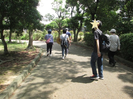 参加者たちが寺ヶ池公園内の散策路を歩いている。