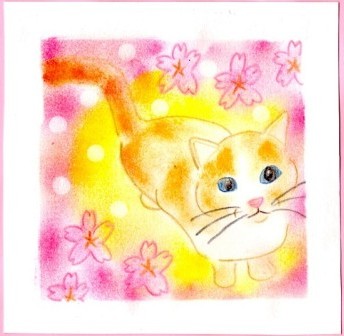 ネコと桜の花のパステルアート