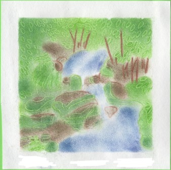 渓流の風景のパステルアート